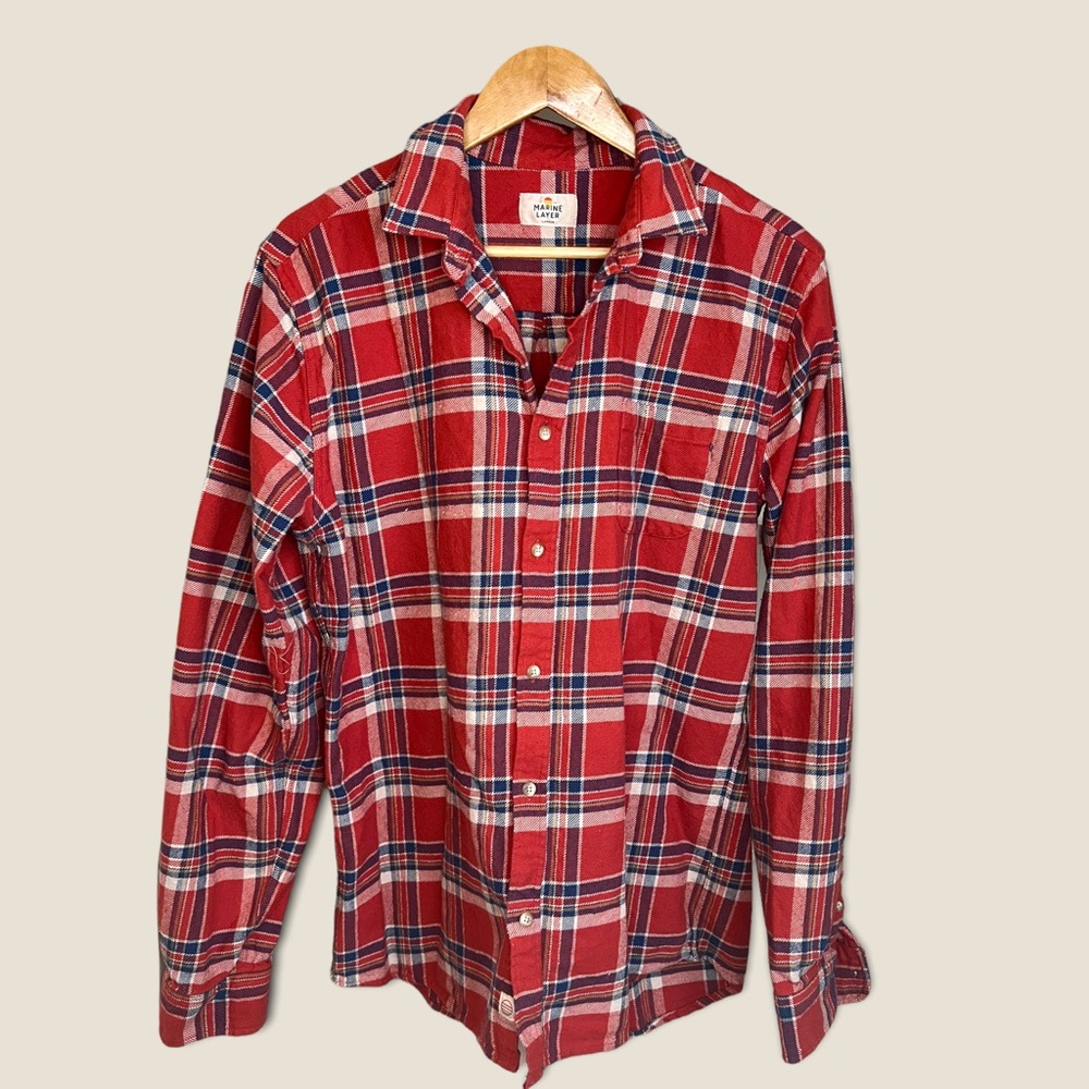 COPY - Marine Layer Flannel Shirt Large Long Sleeve Soft Plaid Button Up Red